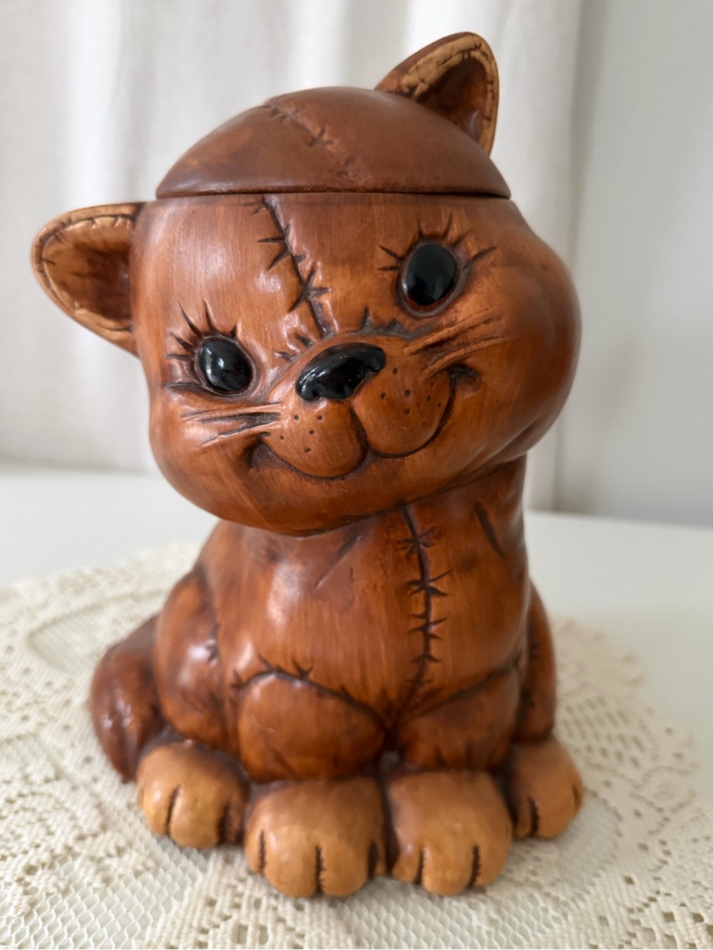 Vintage Treasure Craft Stitched Cat Cookie Jar